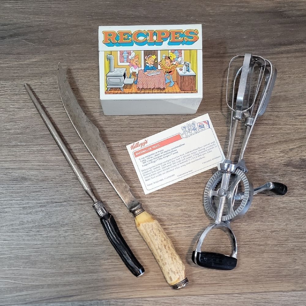 Antique Junk Drawer Ecko Hand Beater, Kellogg's Recipie Tin, Stag Carving Knife